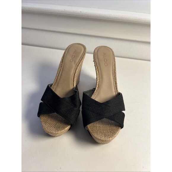Aldo Women's Brown Wedge Heels Black Fabric Sandals Cross Strap Size 8 - Picture 2 of 8
